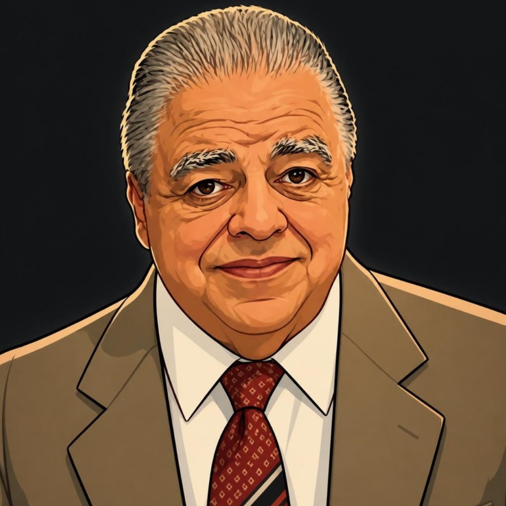 Big Jim drawn as a character: grey hair combed back, a tan suit, a patterned tie, a warm smile