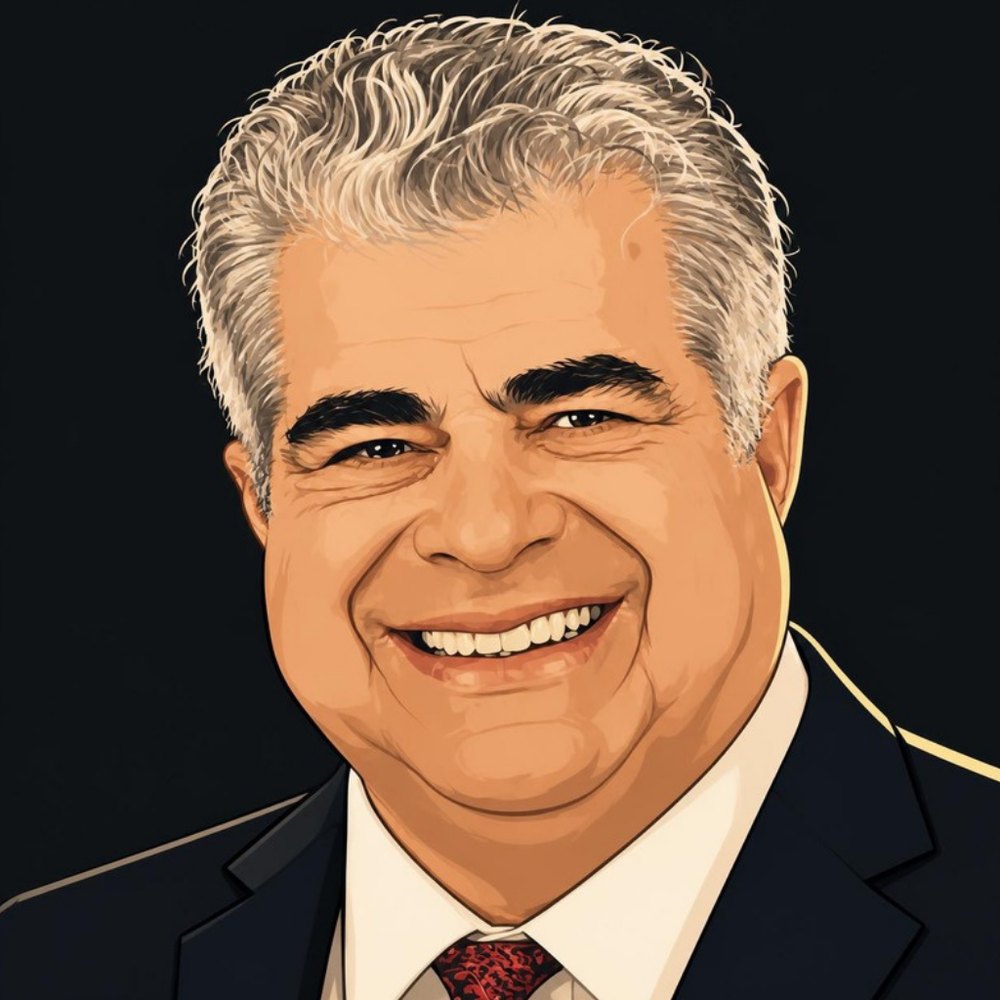 Big John drawn as a character: wavy grey hair swept back, a big open smile, a dark suit and a patterned tie