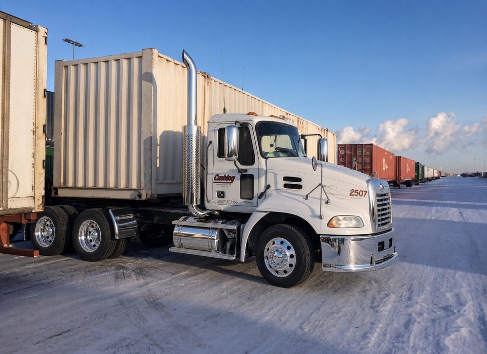 White Mack day cab unit 2507 under a 53 foot container in the snow at UP Global 4, loaded railcars behind